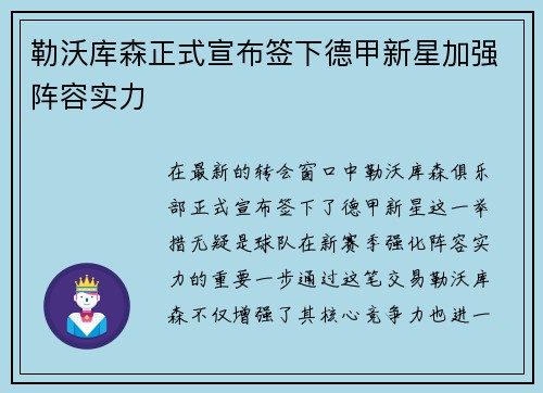勒沃库森正式宣布签下德甲新星加强阵容实力