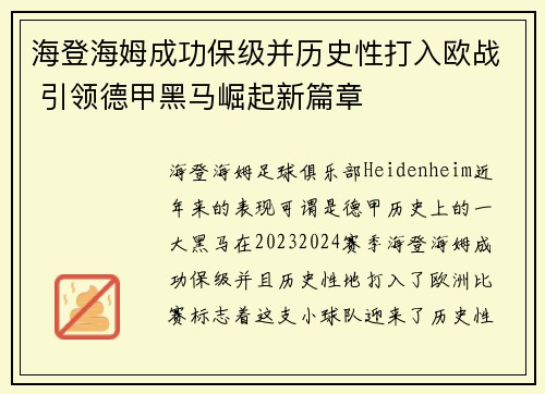 海登海姆成功保级并历史性打入欧战 引领德甲黑马崛起新篇章